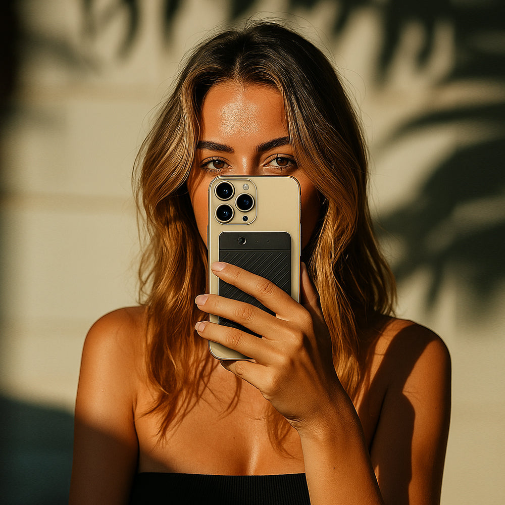 Model holding smartphone with slim black AI recorder attached, natural sunlight and modern lifestyle background