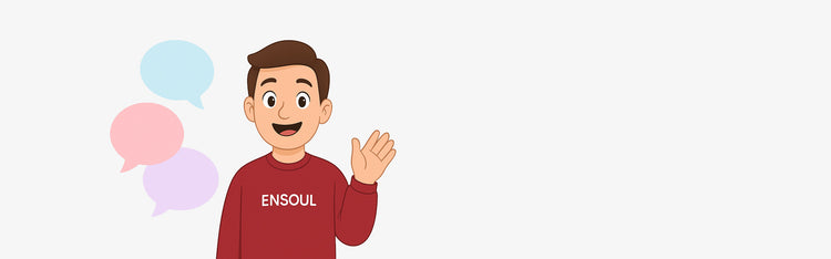 Cartoon character wearing ENSOUL shirt waving with colorful chat bubbles, representing ENSOUL AI communication assistant