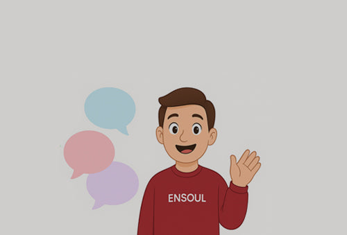 ENSOUL cartoon support assistant waving with chat bubbles, representing friendly AI help and customer communication service