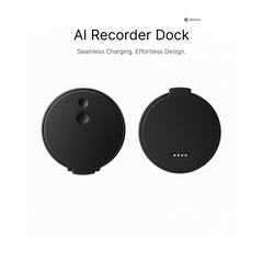 ENSOUL AI Recorder Dock — top view showing front and back sides. Seamless magnetic charging contacts and minimalist button layout in matte black finish.