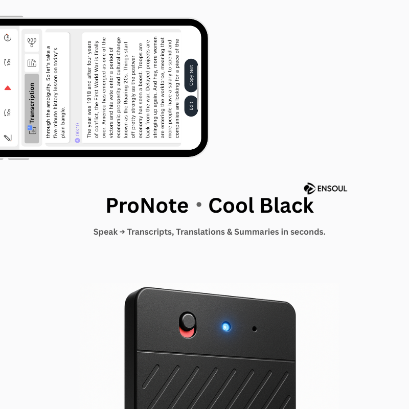 ENSOUL AI Recorder ProNote Cool Black edition showing live transcription on smartphone with blue indicator and sleek matte design