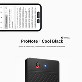 ENSOUL AI Recorder ProNote Cool Black edition showing live transcription on smartphone with blue indicator and sleek matte design