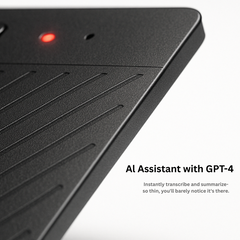 Close-up of ENSOUL AI Recorder with red indicator light, showing ultra-thin design and GPT-4 powered transcription assistant