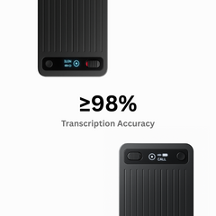 ENSOUL AI Recorder showing ≥98% transcription accuracy with dual black microphones and precision call-note switch design