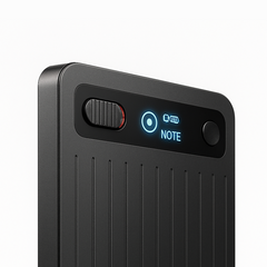 Close-up of ENSOUL AI Recorder showing LED note indicator — minimalist smart voice recorder with premium metal design.