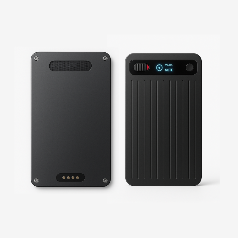 Front and back view of ENSOUL AI Recorder — ultra-thin smart voice recorder with LED display and metal body design.