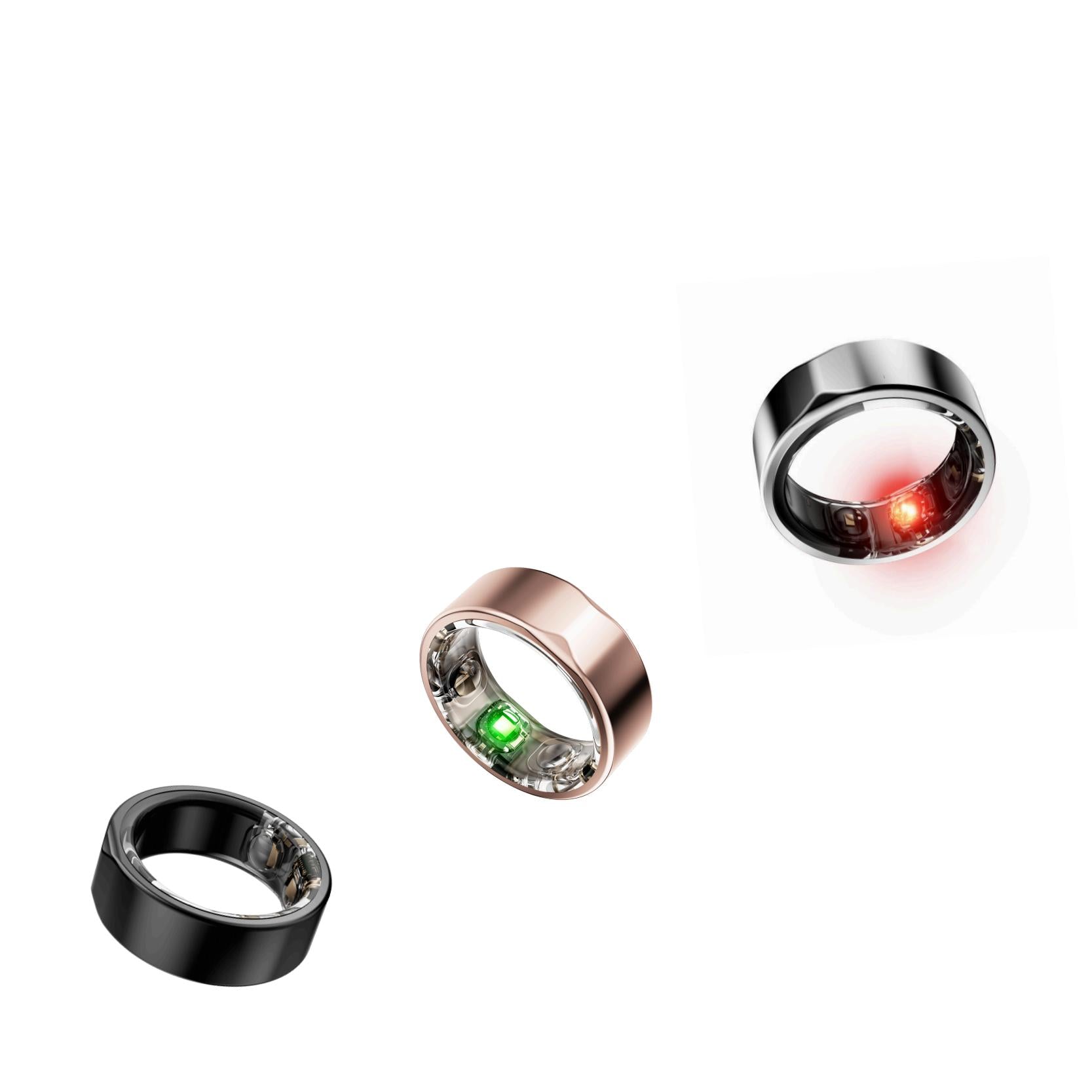 ENSOUL AI Smart Rings in black, rose gold, and silver titanium — multi-color lineup showing inner biometric sensors with red and green LED lights