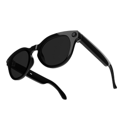 ENSOUL AI Glasses Original Edition rear angle — smart eyewear showing camera lens, hinge sensors, and open-ear design