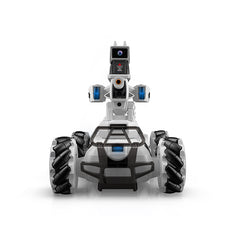 ENSOUL AI X2 STORM MASTER White Edition intelligent FPV battle robot front view with LED lights and Mecanum omni wheels