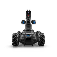 ENSOUL AI X2 STORM MASTER Black Edition intelligent FPV battle robot front view with LED lights and Mecanum omni wheels