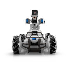 ENSOUL AI X2 STORM MASTER White Edition intelligent FPV battle robot front view with LED lights and Mecanum omni wheels