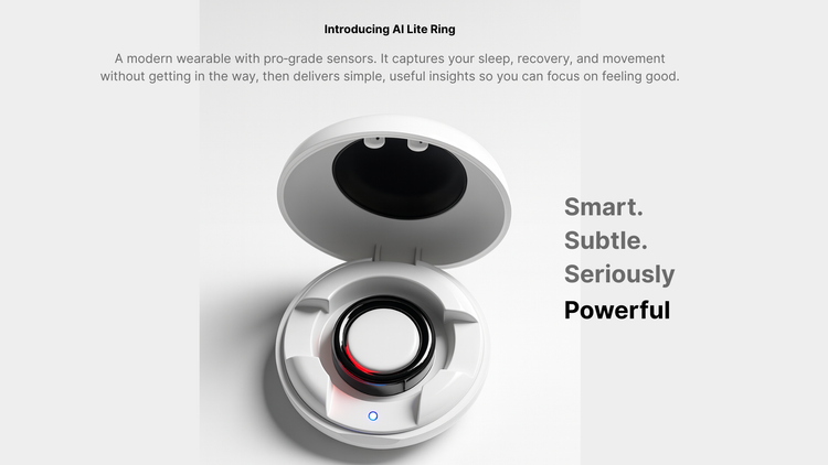 AI Lite Ring in open charging case — minimalist smart health ring with precision sensors for sleep and wellness tracking.
