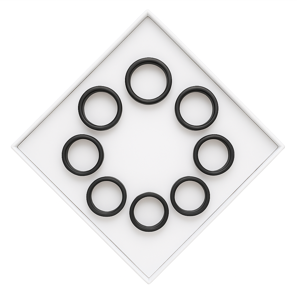 ENSOUL AI Smart Ring sizing kit — black measurement rings arranged in diamond box for accurate finger fit selection