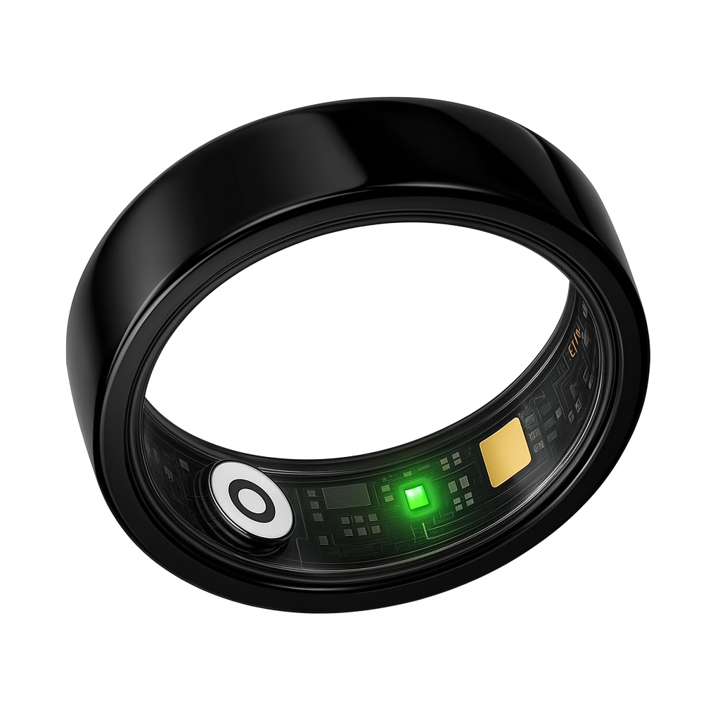 ENSOUL AI smart ring in black titanium finish with illuminated green health tracking sensor