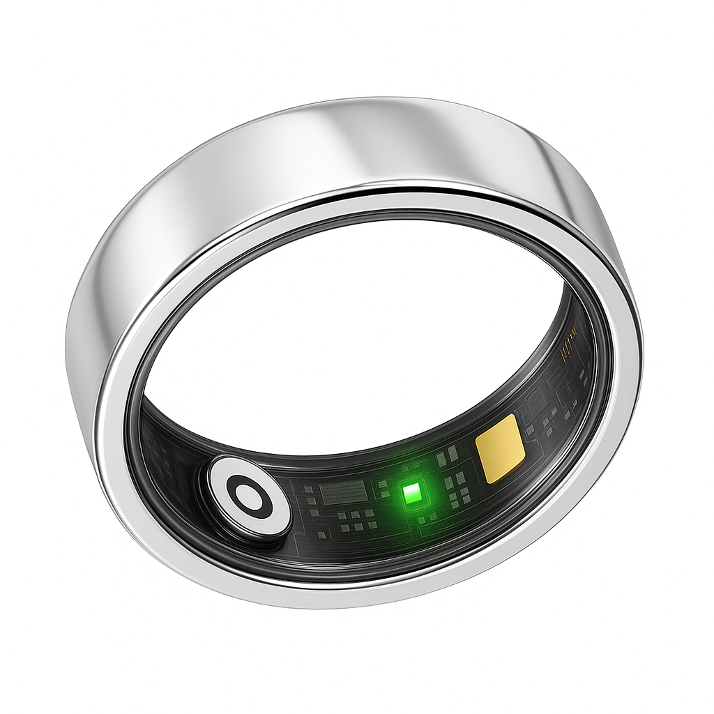 ENSOUL AI smart ring in silver titanium finish with active green health tracking sensor